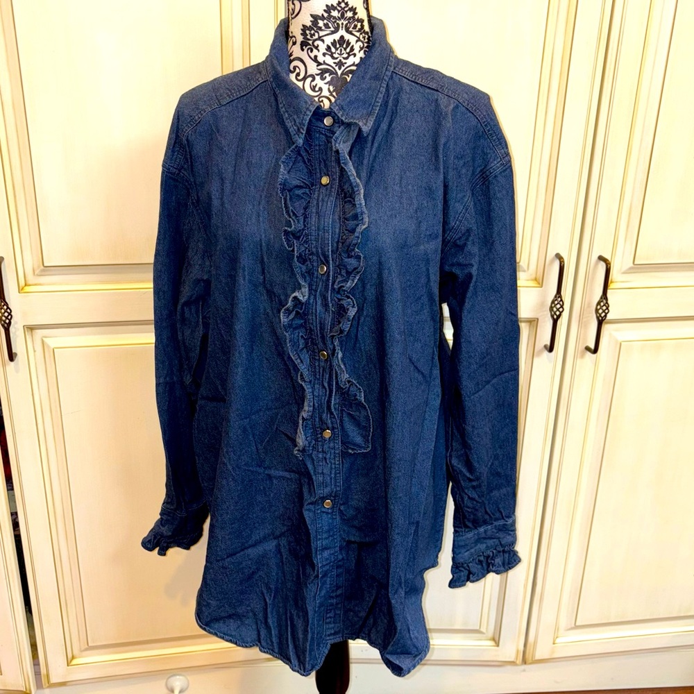 Truly Yours Size 1X Dark Blue Snap Down Denim Shirt with Ruffle Front & Sleeves